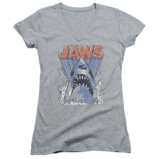 Jaws Comic Splash Junior Sheer Cap Sleeve V-Neck Womens T Shirt Athletic Heather