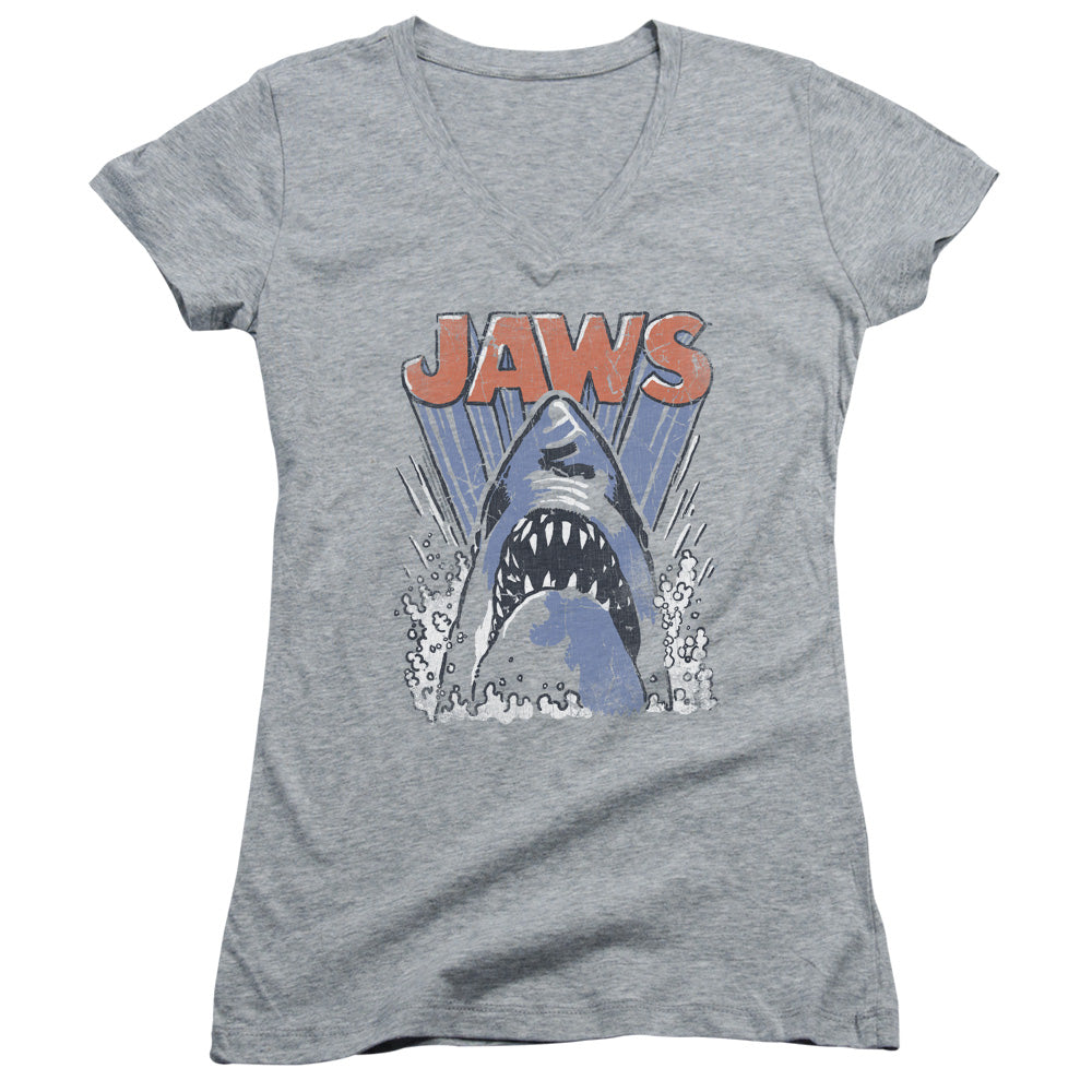 Jaws Comic Splash Junior Sheer Cap Sleeve V-Neck Womens T Shirt Athletic Heather