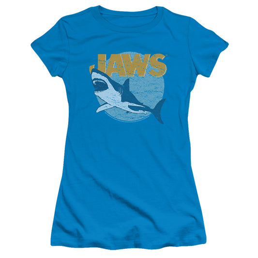 Jaws Day Glow Junior Sheer Cap Sleeve Womens T Shirt Turquoise