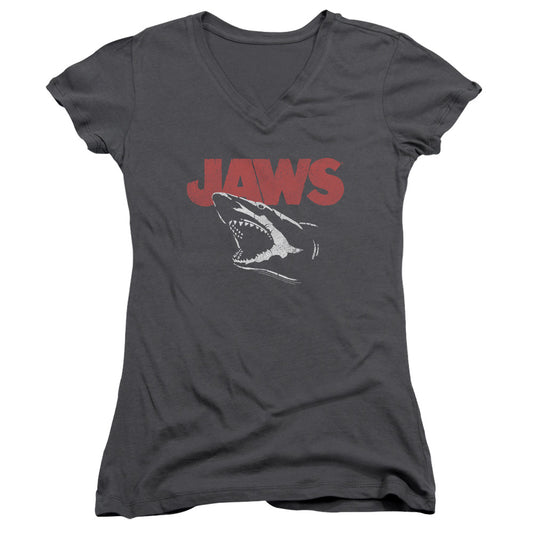 Jaws Cracked Jaw Junior Sheer Cap Sleeve V-Neck Womens T Shirt Charcoal