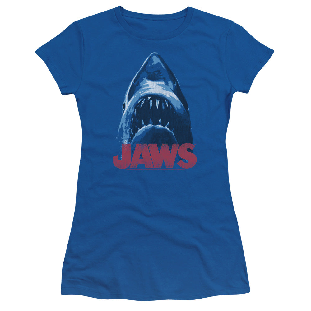 Jaws From Below Junior Sheer Cap Sleeve Womens T Shirt Royal Blue