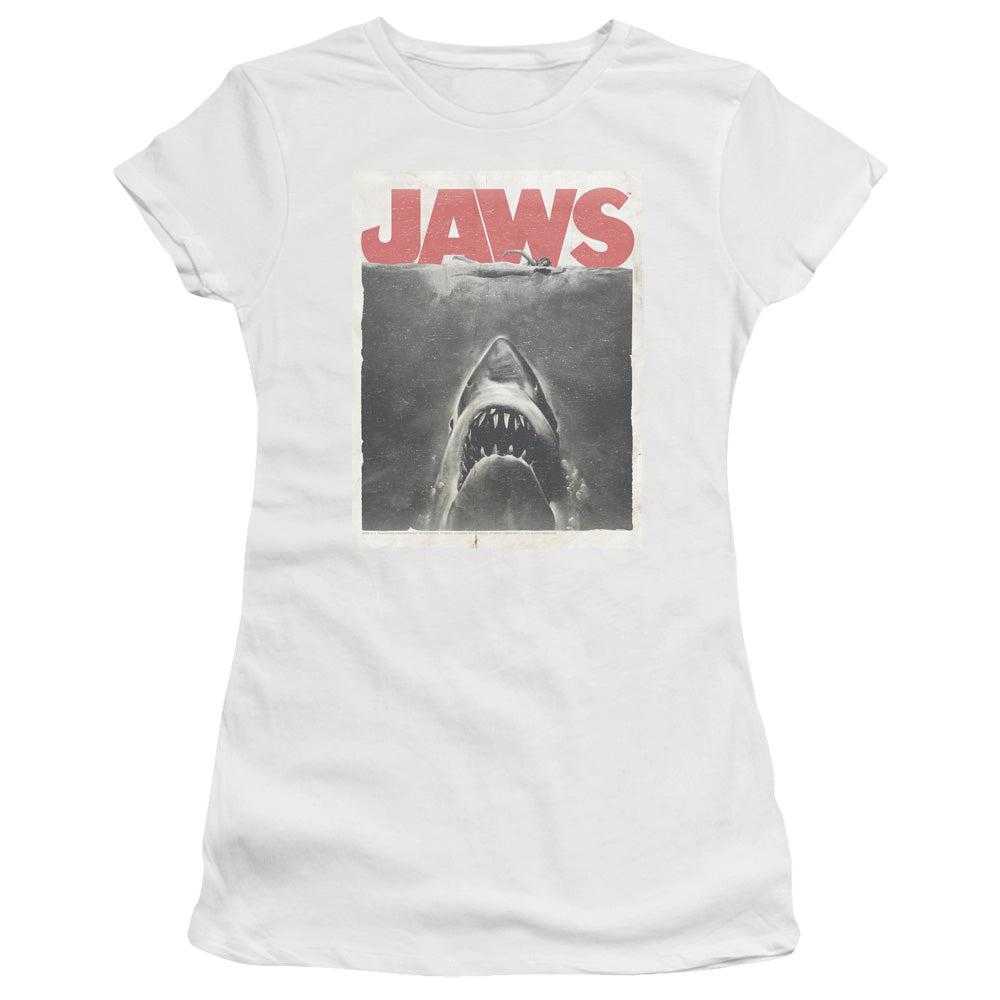 Jaws Classic Fear Junior Sheer Cap Sleeve Womens T Shirt White