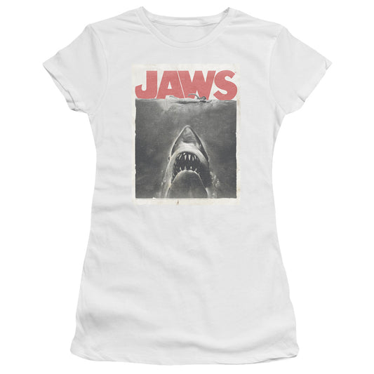 Jaws Classic Fear Junior Sheer Cap Sleeve Womens T Shirt White