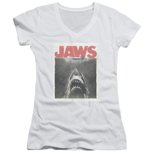 Jaws Classic Fear Junior Sheer Cap Sleeve V-Neck Womens T Shirt White