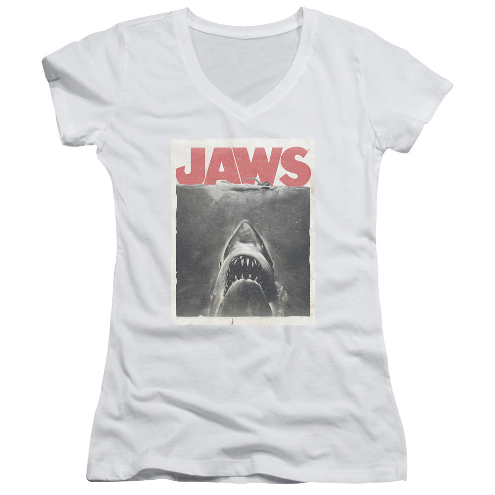 Jaws Classic Fear Junior Sheer Cap Sleeve V-Neck Womens T Shirt White