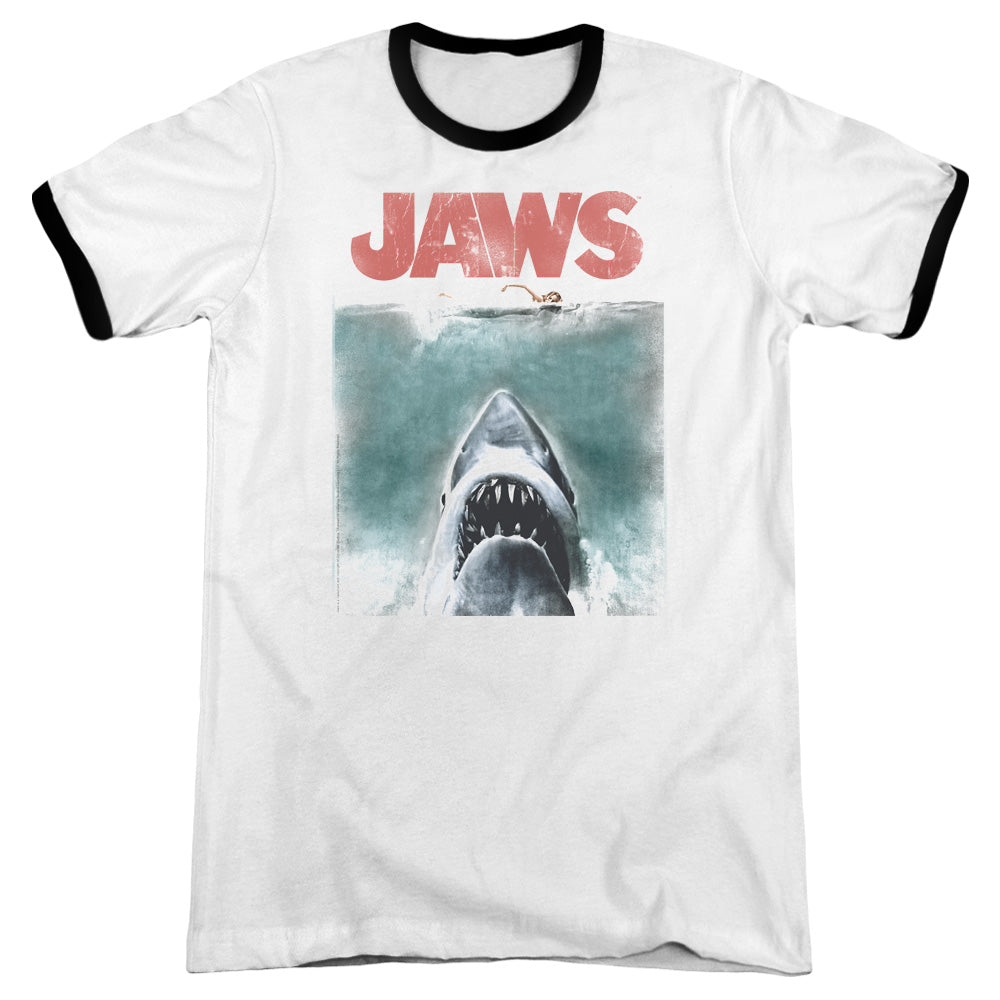 Jaws Vintage Poster Heather Ringer Mens T Shirt White