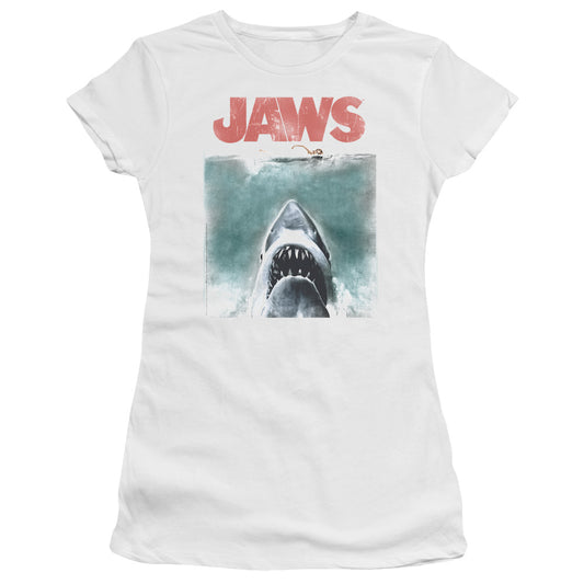 Jaws Vintage Poster Junior Sheer Cap Sleeve Womens T Shirt White