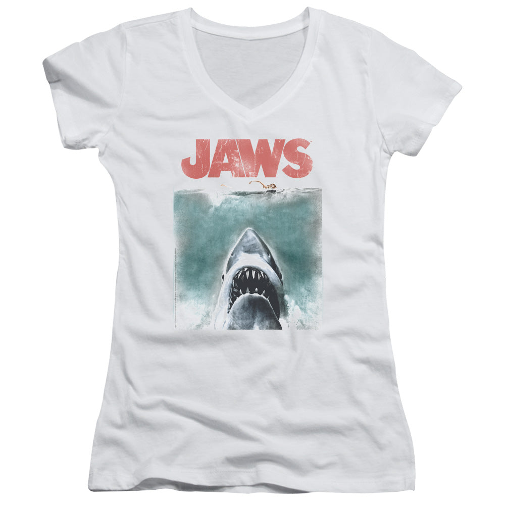 Jaws Vintage Poster Junior Sheer Cap Sleeve V-Neck Womens T Shirt White