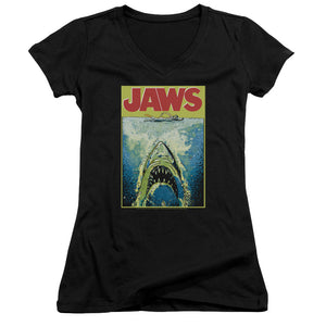 Jaws Bright Jaws Junior Sheer Cap Sleeve V-Neck Womens T Shirt Black