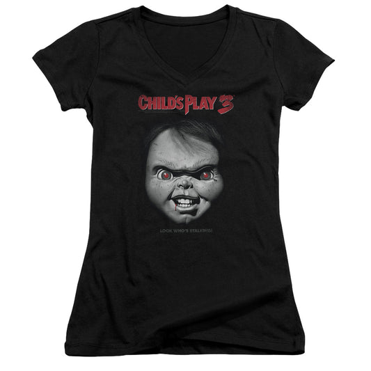 Childs Play 3 Face Poster Junior Sheer Cap Sleeve V-Neck Womens T Shirt Black