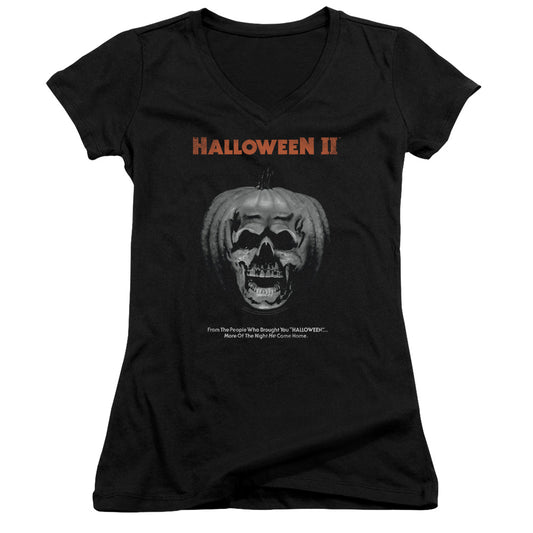 Halloween II Pumpkin Poster Junior Sheer Cap Sleeve V-Neck Womens T Shirt Black