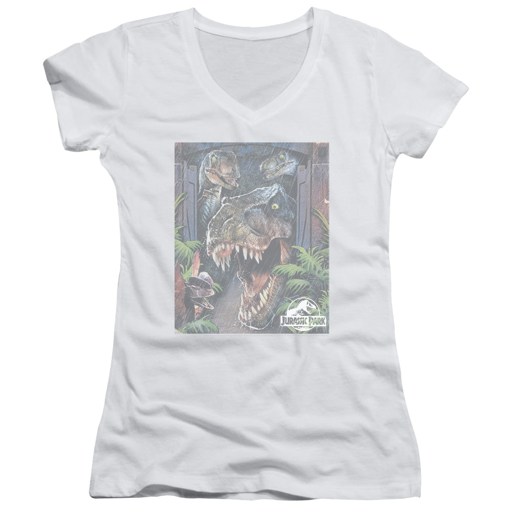 Jurassic Park Giant Door Junior Sheer Cap Sleeve V-Neck Womens T Shirt White