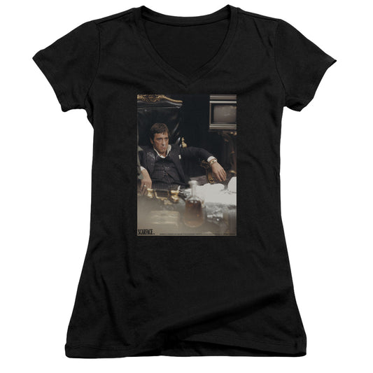 Scarface Sit Back Junior Sheer Cap Sleeve V-Neck Womens T Shirt Black