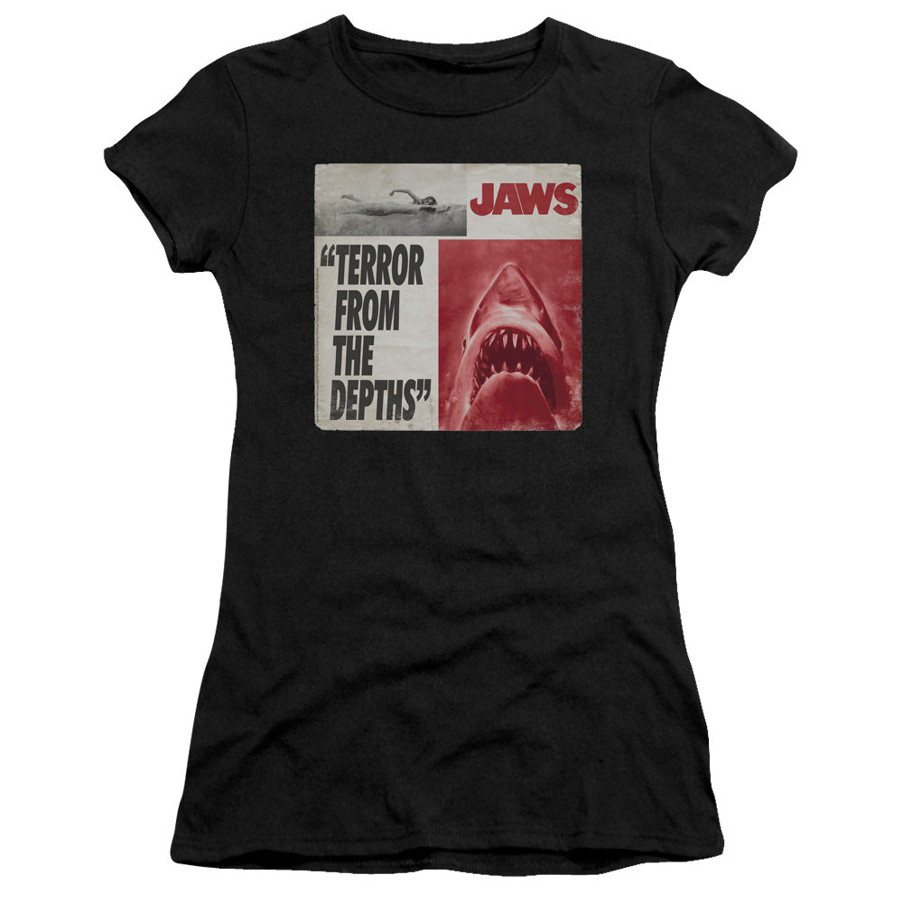 Jaws Terror Junior Sheer Cap Sleeve Womens T Shirt Black