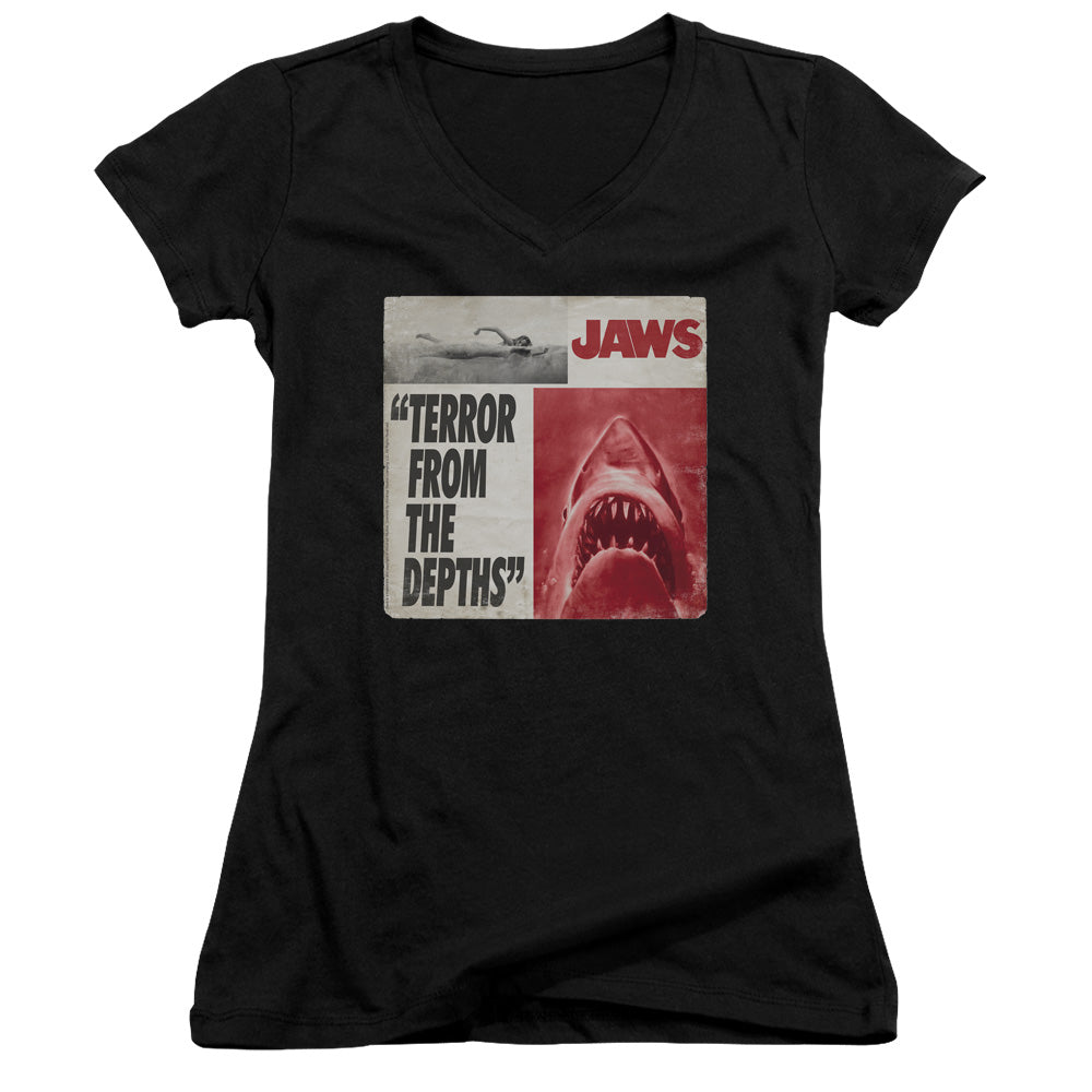 Jaws Terror Junior Sheer Cap Sleeve V-Neck Womens T Shirt Black