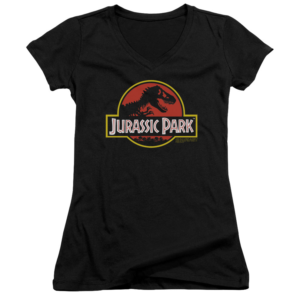 Jurassic Park Classic Logo Junior Sheer Cap Sleeve V-Neck Womens T Shirt Black