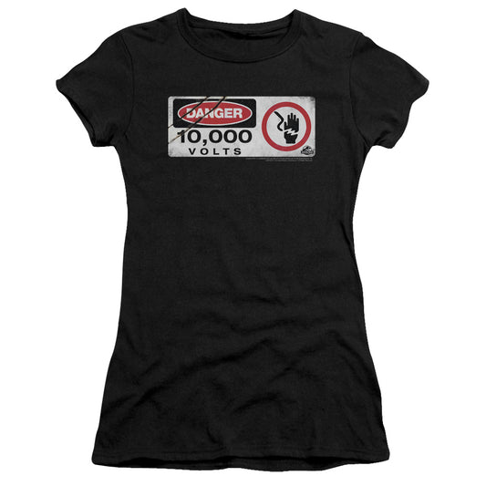 Jurassic Park Electric Fence Sign Junior Sheer Cap Sleeve Womens T Shirt Black