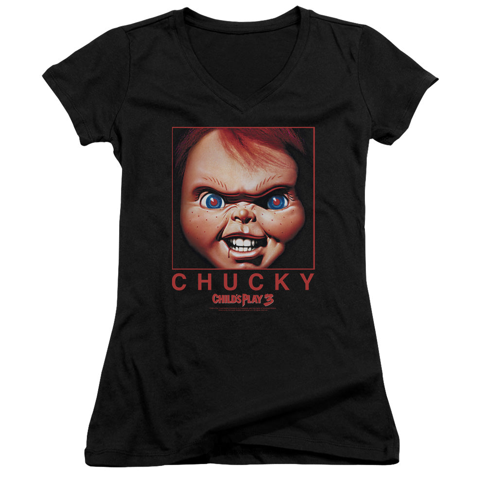 Childs Play 3 Chucky Squared Junior Sheer Cap Sleeve V-Neck Womens T Shirt Black