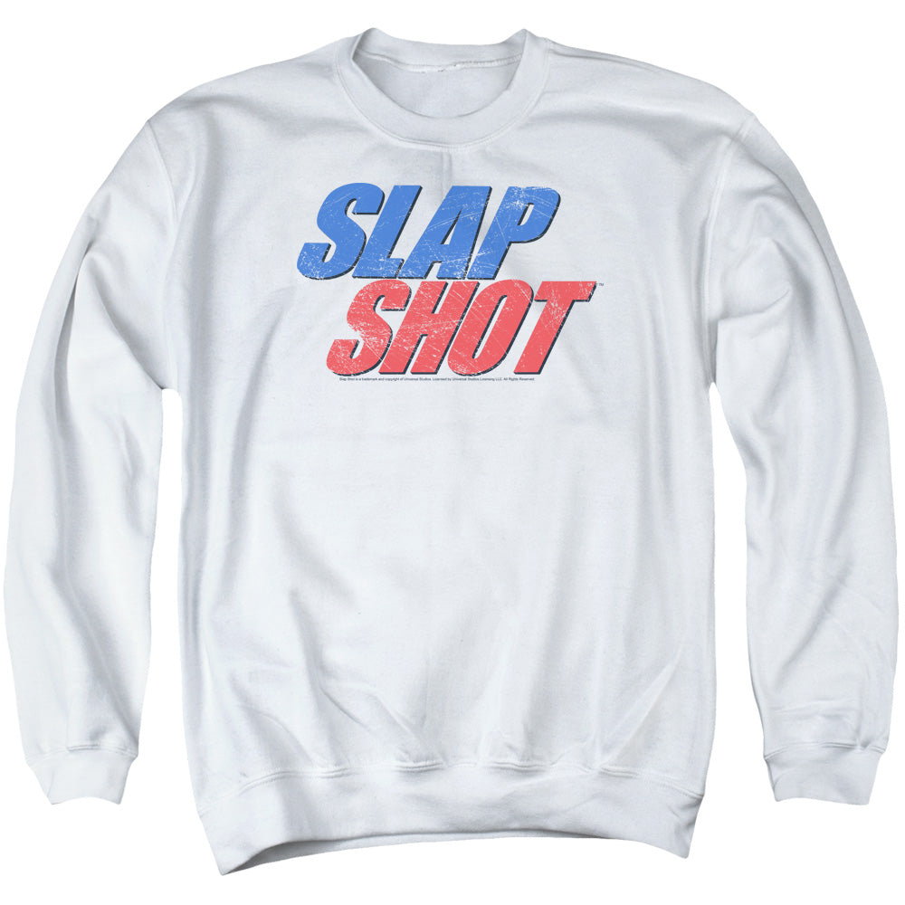 Slap Shot Blue And Red Logo Mens Crewneck Sweatshirt White