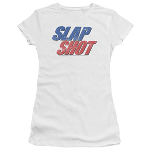 Slap Shot Blue And Red Logo Junior Sheer Cap Sleeve Womens T Shirt White
