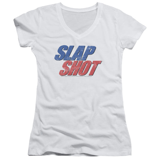 Slap Shot Blue And Red Logo Junior Sheer Cap Sleeve V-Neck Womens T Shirt White