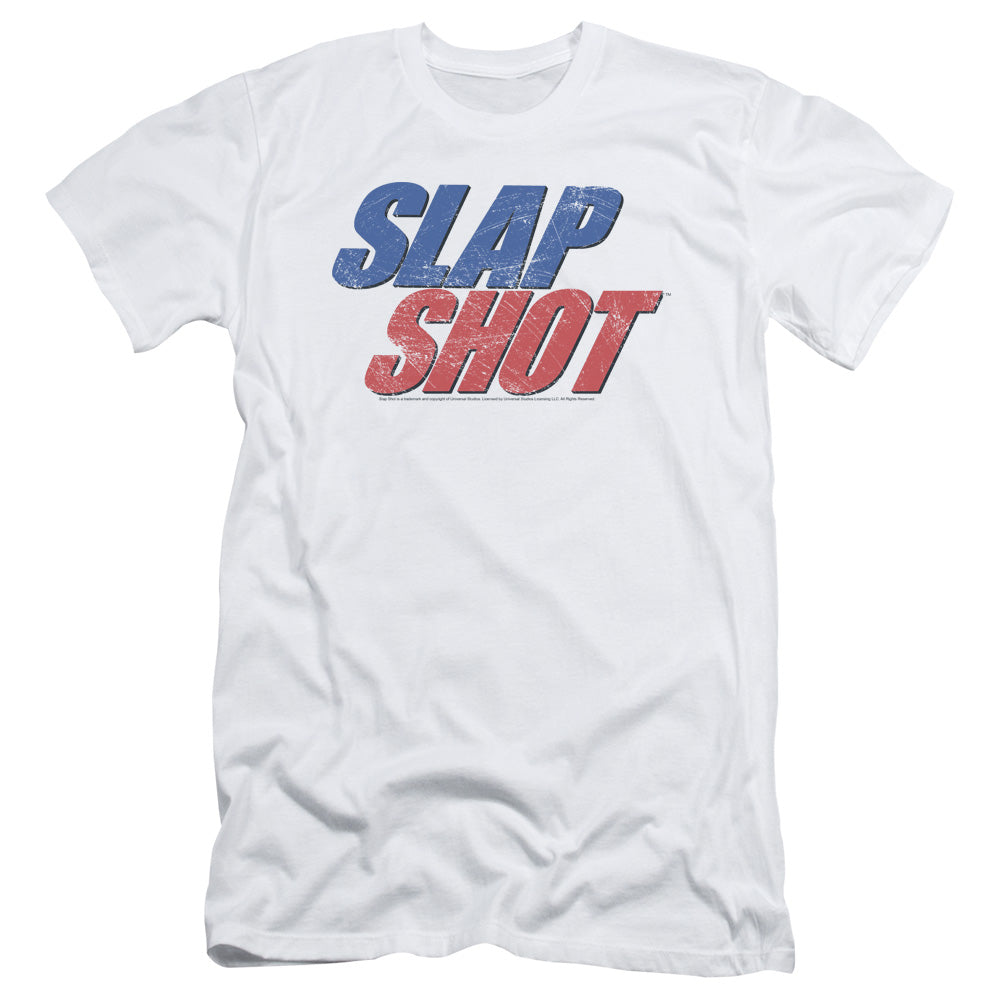 Slap Shot Blue And Red Logo Slim Fit Mens T Shirt White