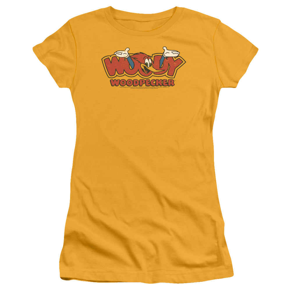 Woody Woodpecker In Logo Junior Sheer Cap Sleeve Womens T Shirt Gold