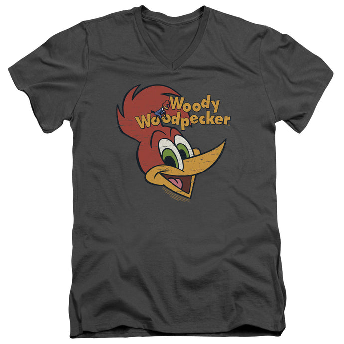 Woody Woodpecker Retro Logo Mens Slim Fit V-Neck T Shirt Charcoal