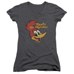 Woody Woodpecker Retro Logo Junior Sheer Cap Sleeve V-Neck Womens T Shirt Charcoal