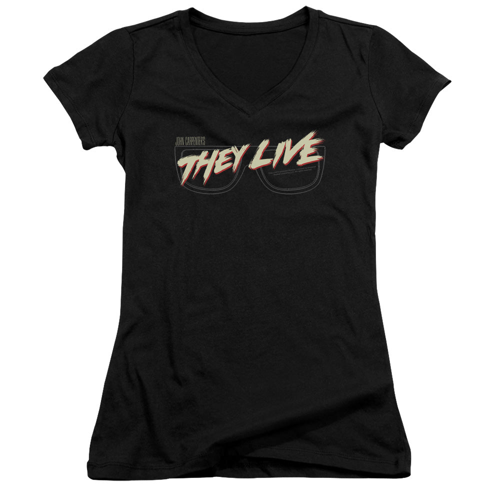 They Live Glasses Logo Junior Sheer Cap Sleeve V-Neck Womens T Shirt Black