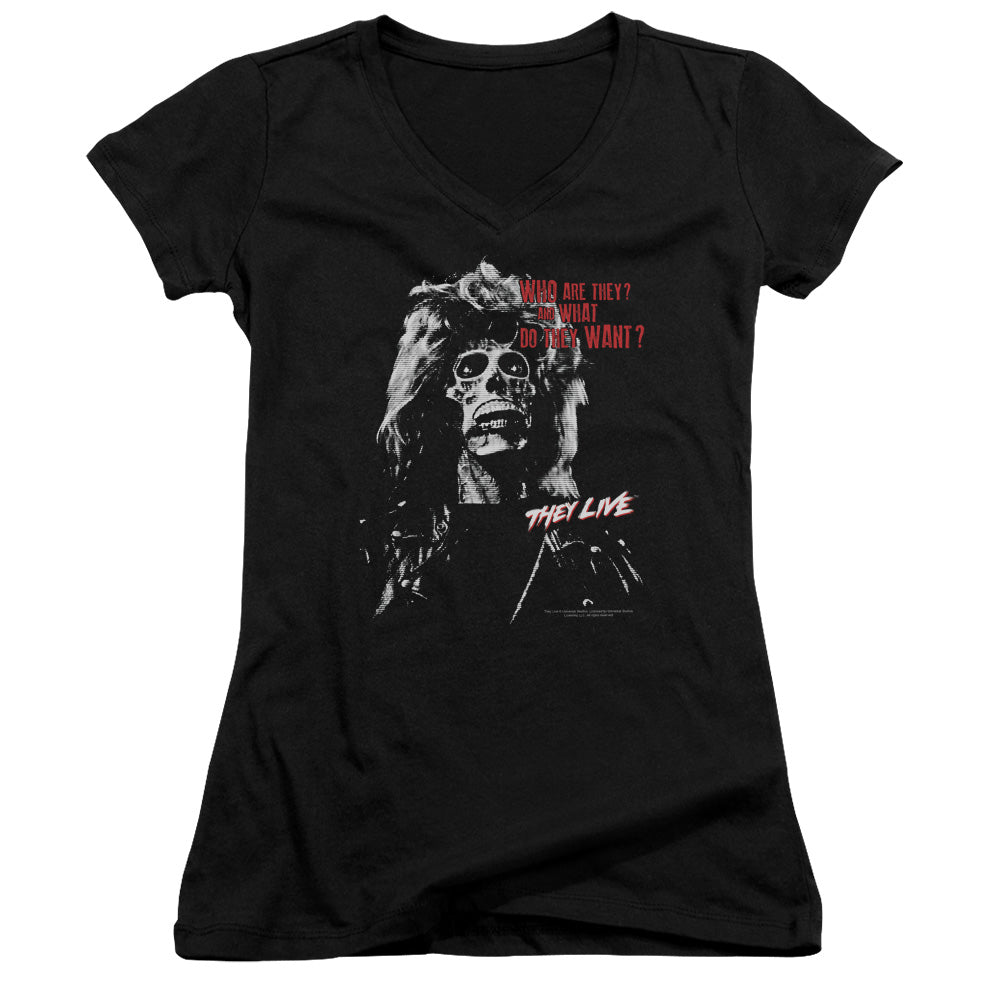 They Live They Want Junior Sheer Cap Sleeve V-Neck Womens T Shirt Black