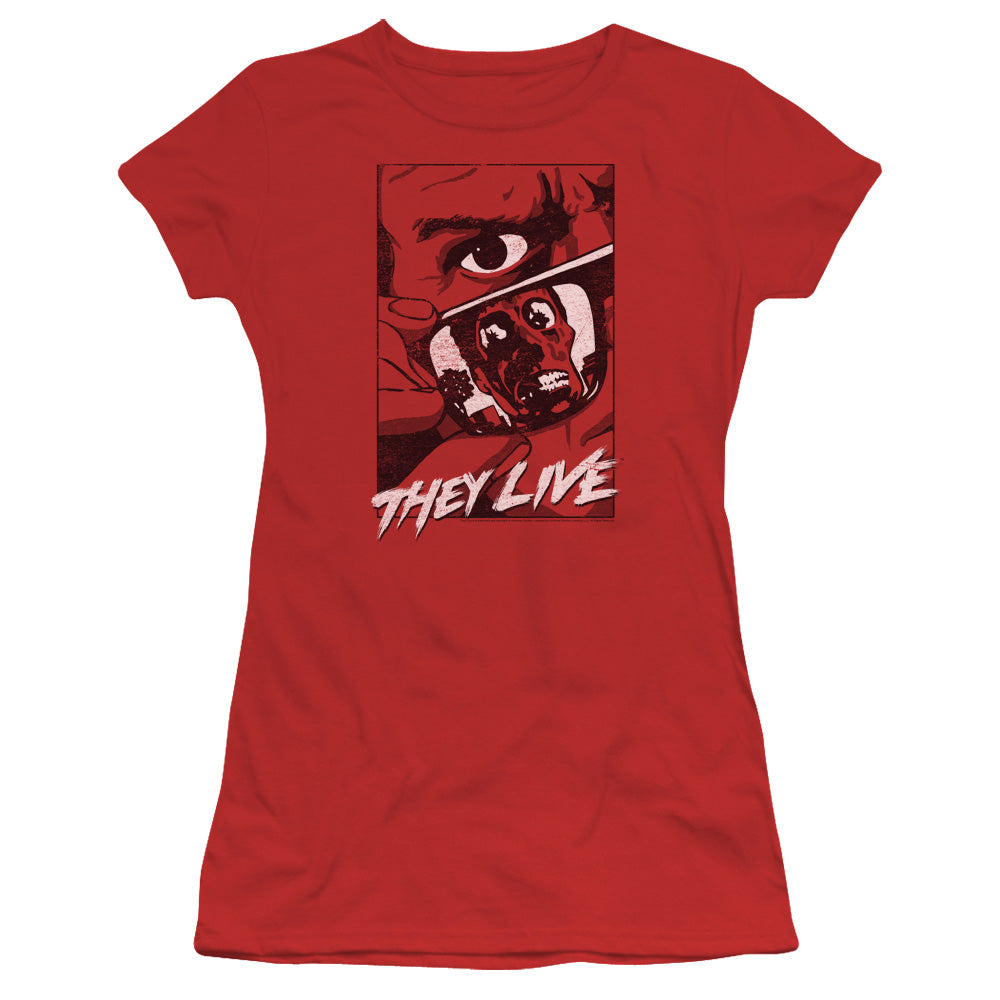 They Live Graphic Poster Junior Sheer Cap Sleeve Womens T Shirt Red