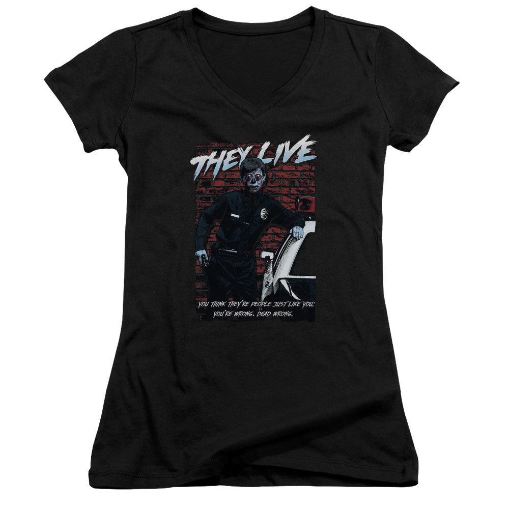 They Live Dead Wrong Junior Sheer Cap Sleeve V-Neck Womens T Shirt Black