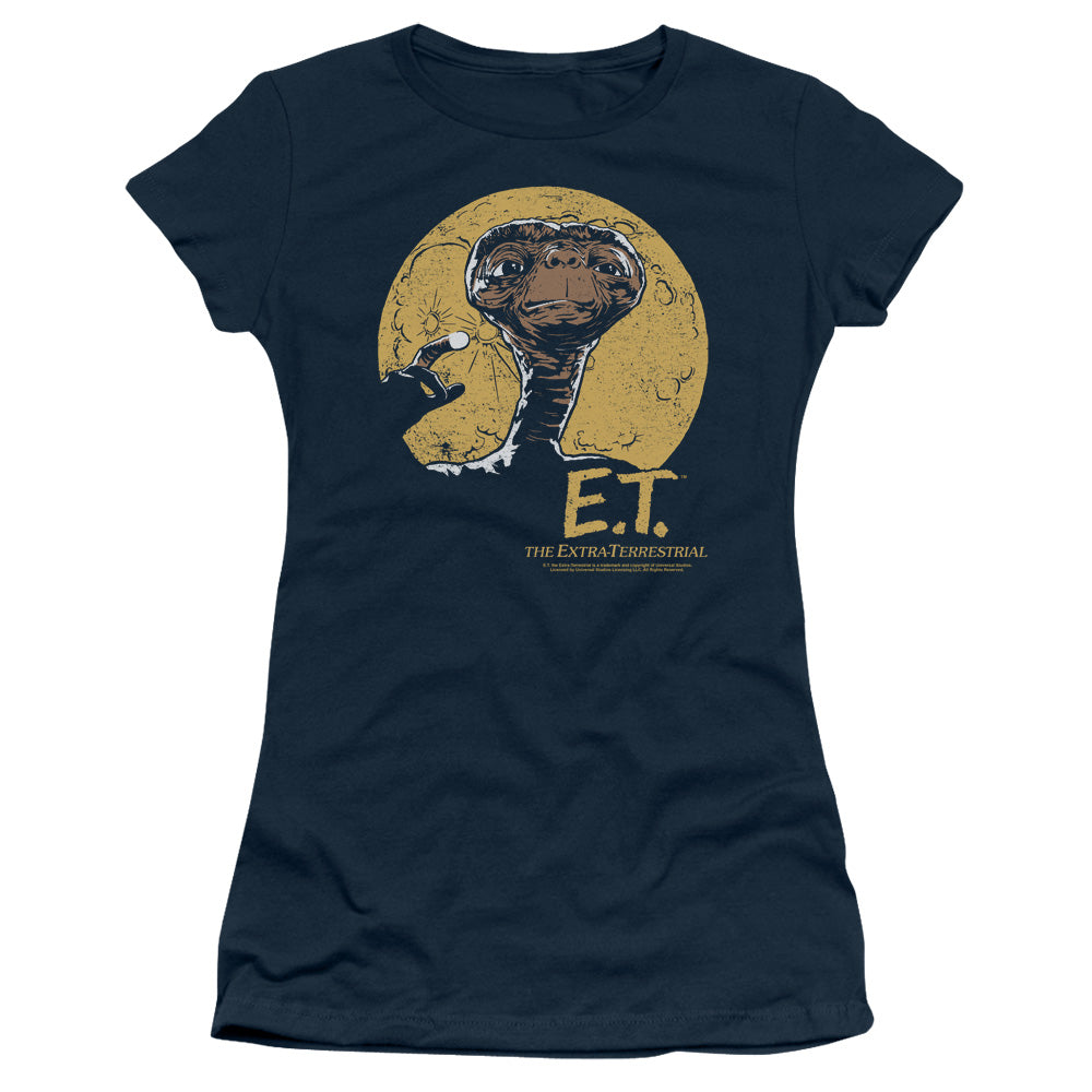 ET the Extra Terrestrial Moon Frame Junior Sheer Cap Sleeve Womens T Shirt Navy Blue