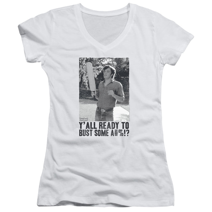 Dazed and Confused Paddle Junior Sheer Cap Sleeve V-Neck Womens T Shirt White
