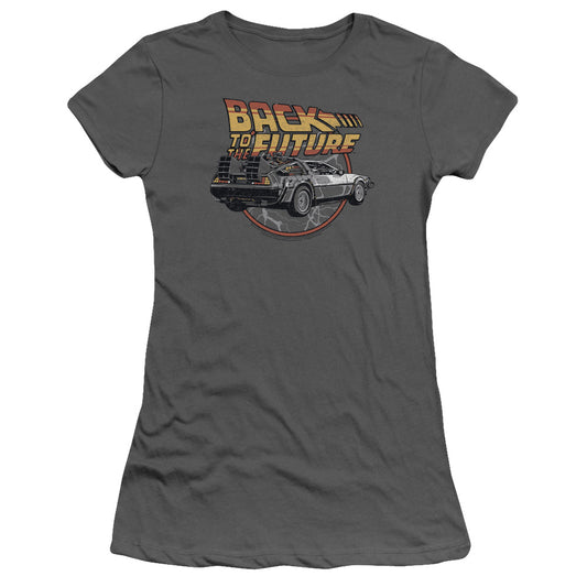 Back To The Future Time Machine Junior Sheer Cap Sleeve Womens T Shirt Charcoal