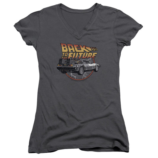 Back To The Future Time Machine Junior Sheer Cap Sleeve V-Neck Womens T Shirt Charcoal