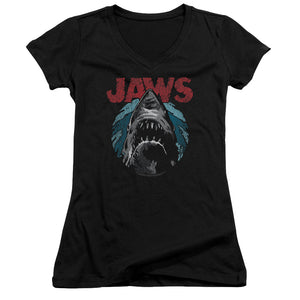 Jaws Water Circle Junior Sheer Cap Sleeve V-Neck Womens T Shirt Black