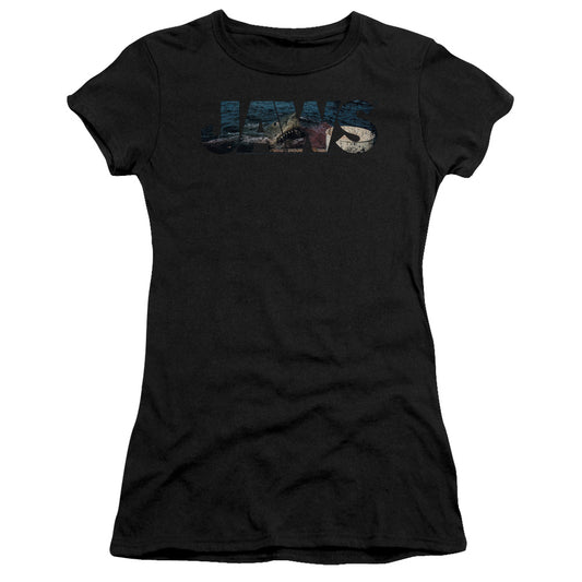 Jaws Logo Cutout Junior Sheer Cap Sleeve Womens T Shirt Black