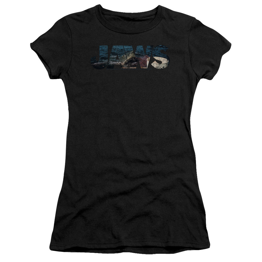 Jaws Logo Cutout Junior Sheer Cap Sleeve Womens T Shirt Black
