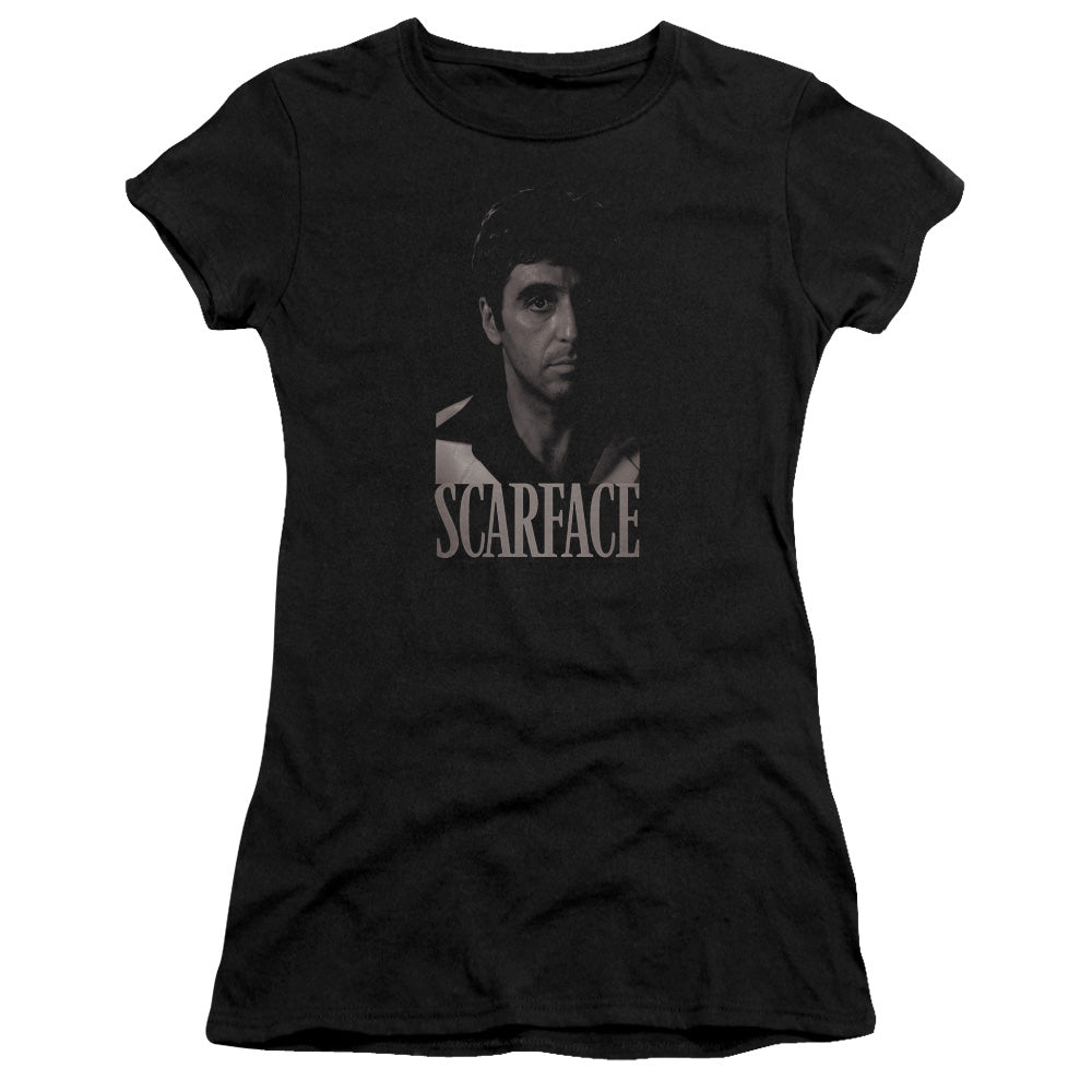 Scarface B&w Tony Junior Sheer Cap Sleeve Womens T Shirt Black