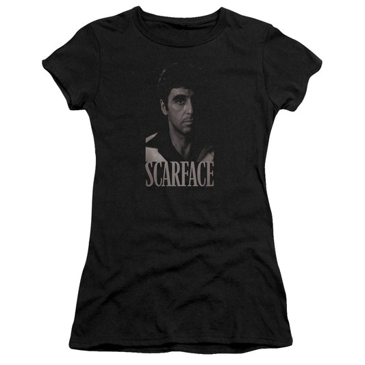 Scarface B&w Tony Junior Sheer Cap Sleeve Womens T Shirt Black