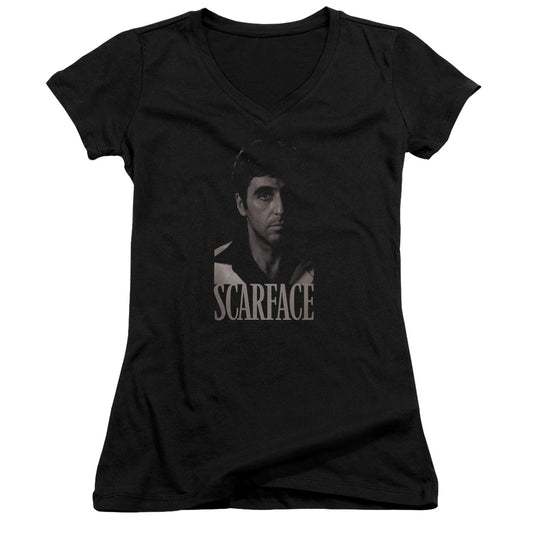 Scarface B&w Tony Junior Sheer Cap Sleeve V-Neck Womens T Shirt Black