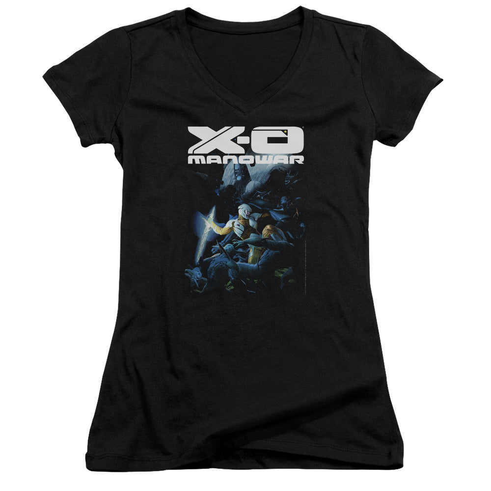 Xo Manowar By The Sword Junior Sheer Cap Sleeve V-Neck Womens T Shirt 