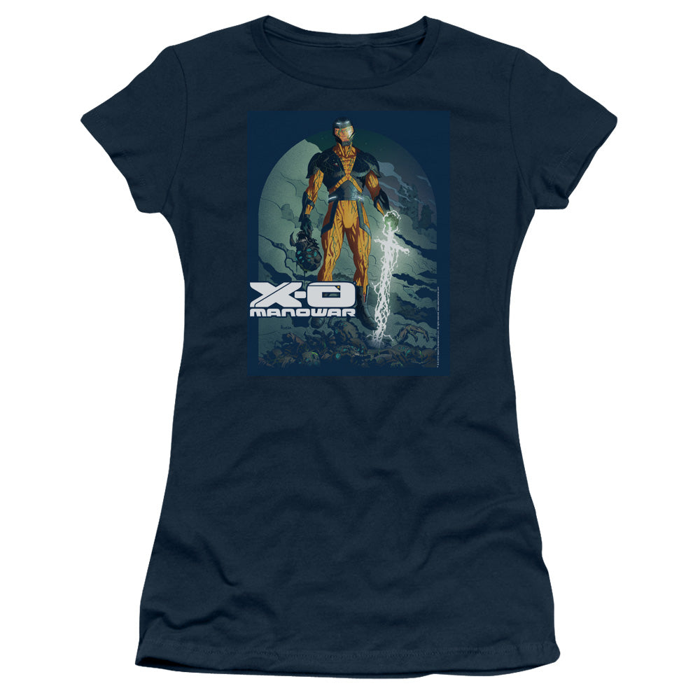 Xo Manowar Planet Death Junior Sheer Cap Sleeve Womens T Shirt Navy Blue