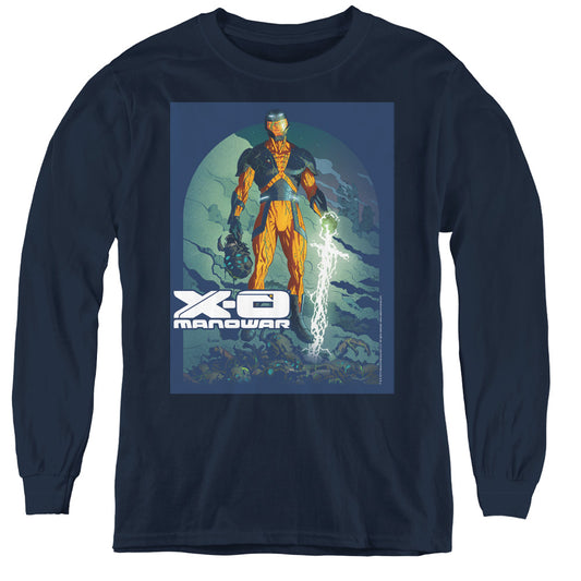 Xo Manowar Planet Death Long Sleeve Kids Youth T Shirt Navy Blue