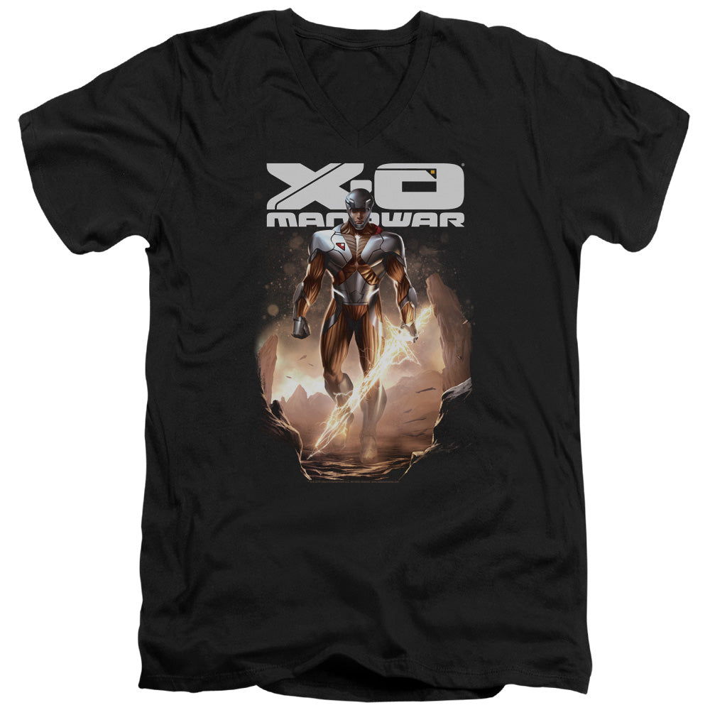 Xo Manowar Lightning Sword Mens Slim Fit V-Neck T Shirt Black