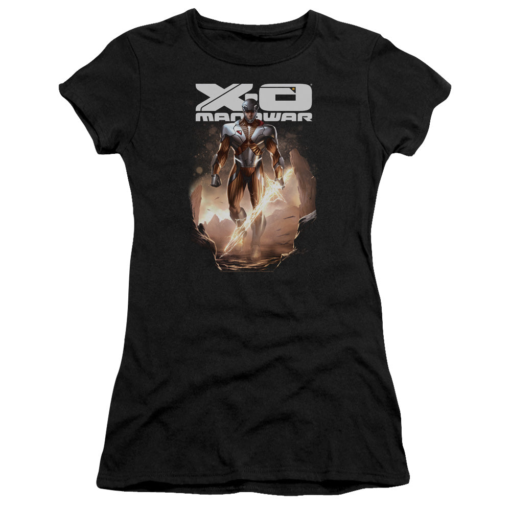 Xo Manowar Lightning Sword Junior Sheer Cap Sleeve Womens T Shirt Black