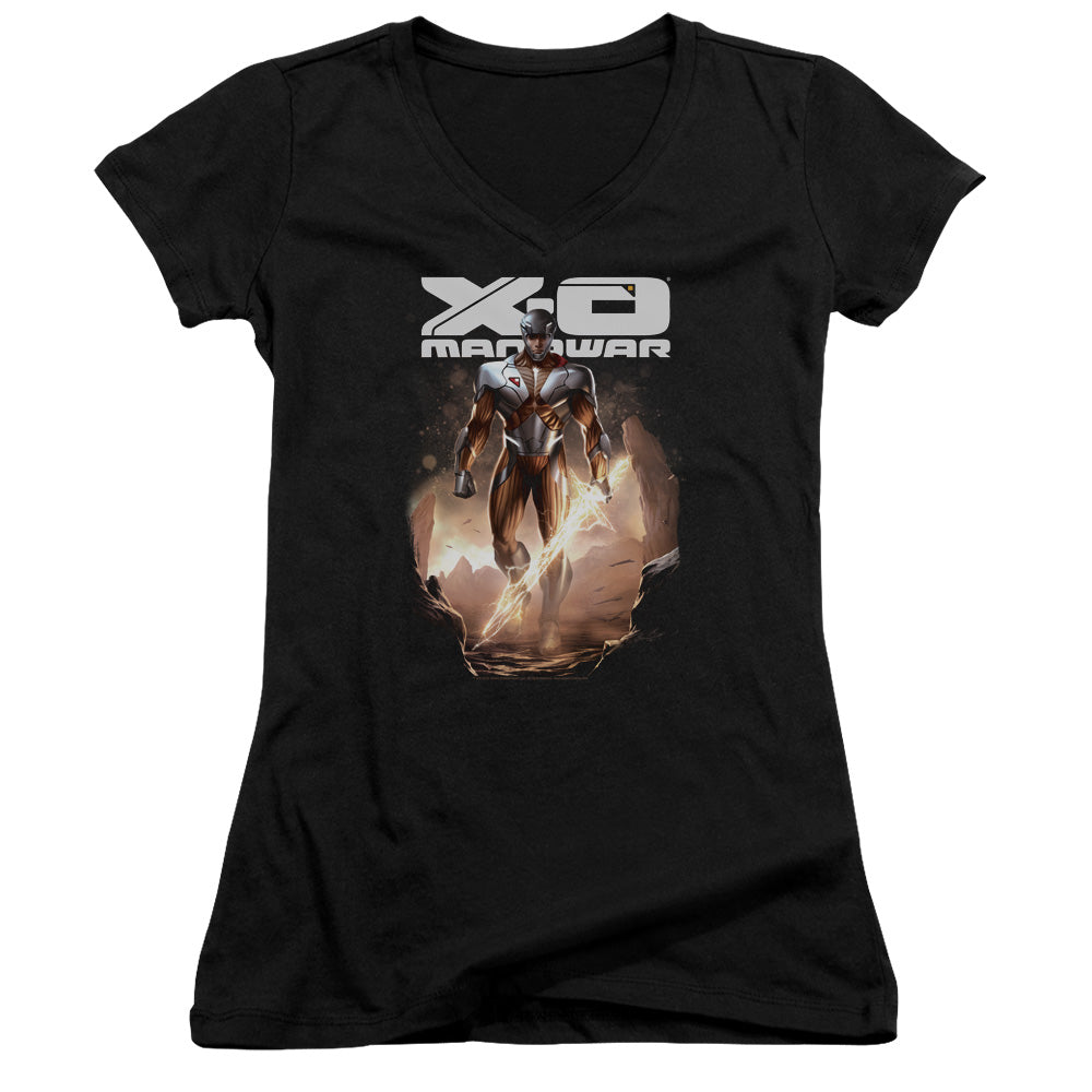 Xo Manowar Lightning Sword Junior Sheer Cap Sleeve V-Neck Womens T Shirt Black