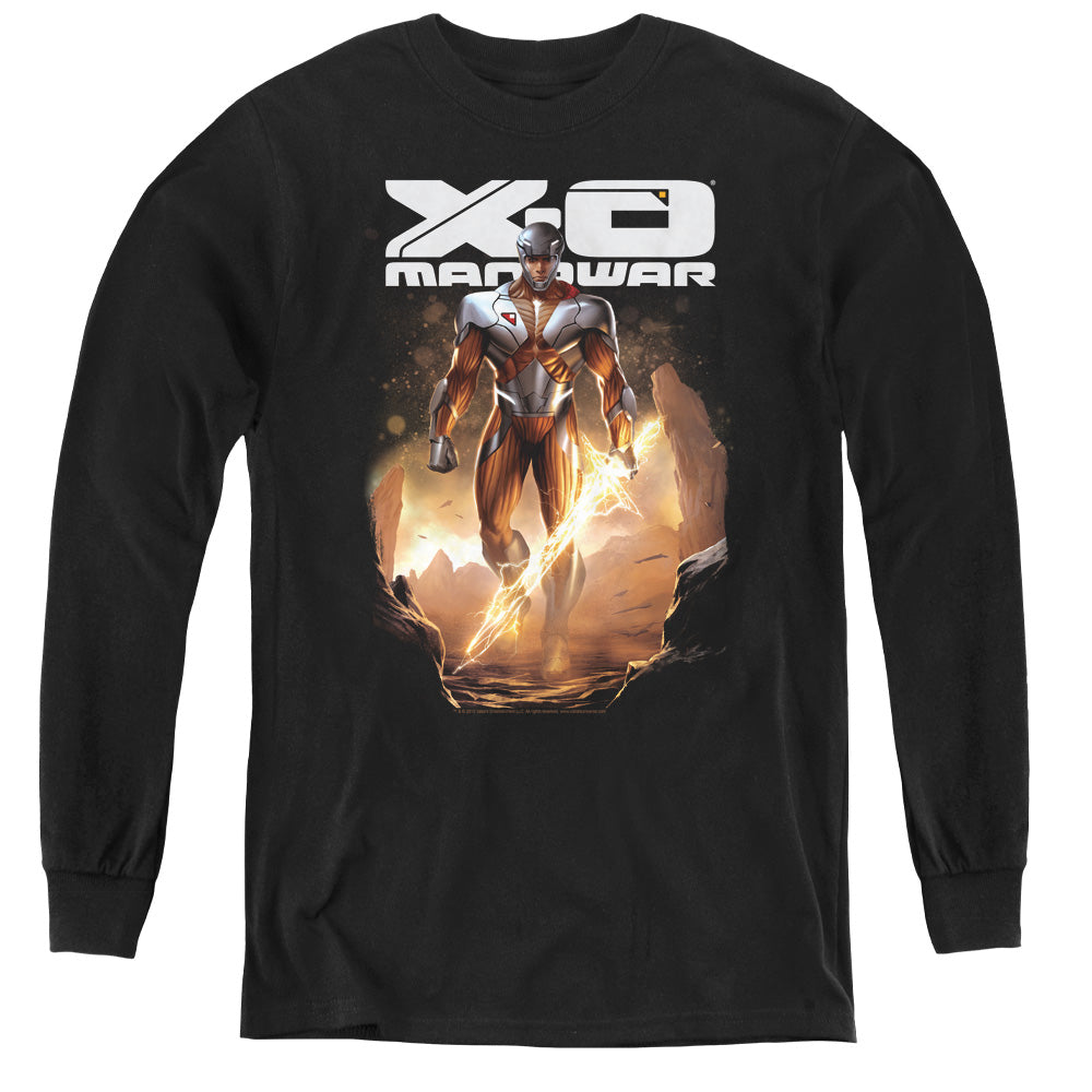 Xo Manowar Lightning Sword Long Sleeve Kids Youth T Shirt Black